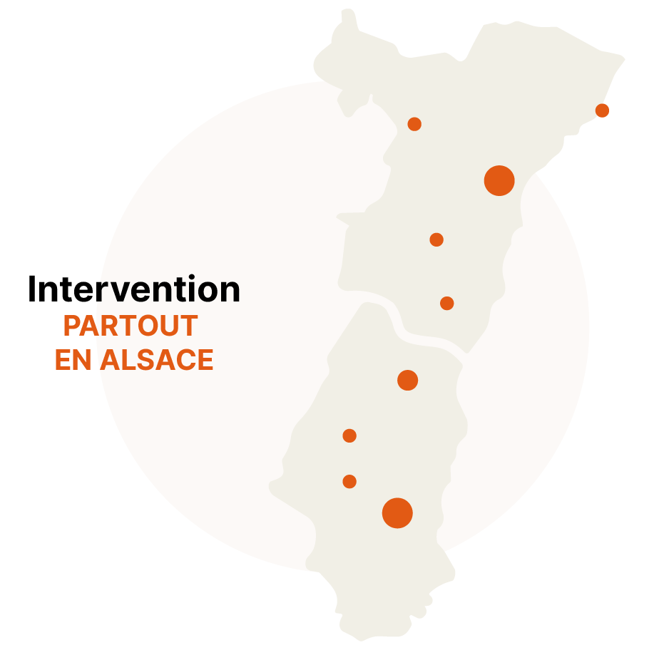 Carte des interventions dans toute l'Alsace à Strasbourg, Obernai, Sélestat, Colmar, Mulhouse